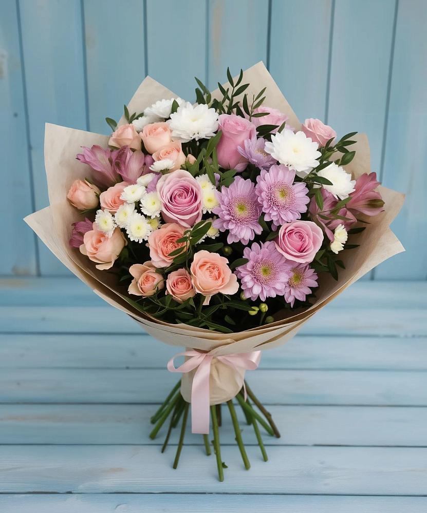 Букет цветов из: Хризантемы, Розы и Альстромерии в Тайдаково