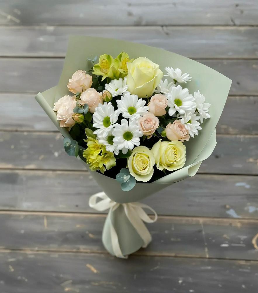 Букет цветов из: Альстромерии, Розы и Хризантемы в Тайдаково