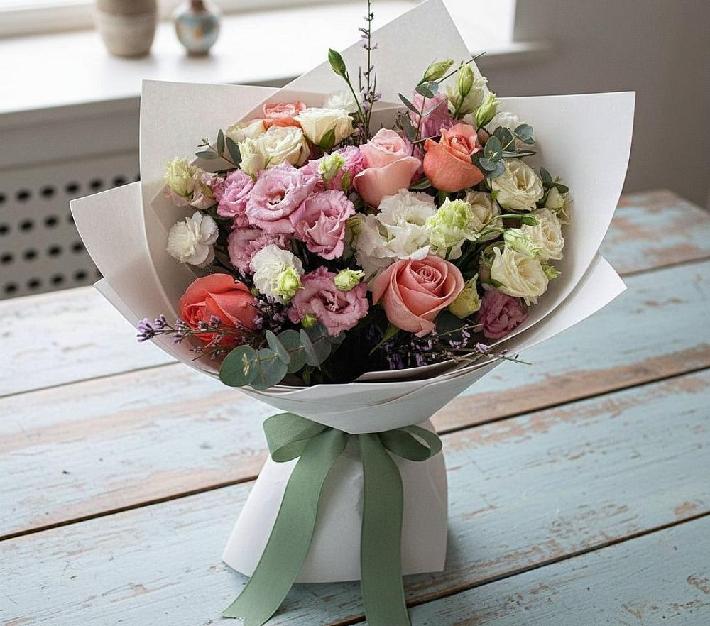 Букет цветов из: Розы, Лизиантусы и Гвоздики в Тайдаково