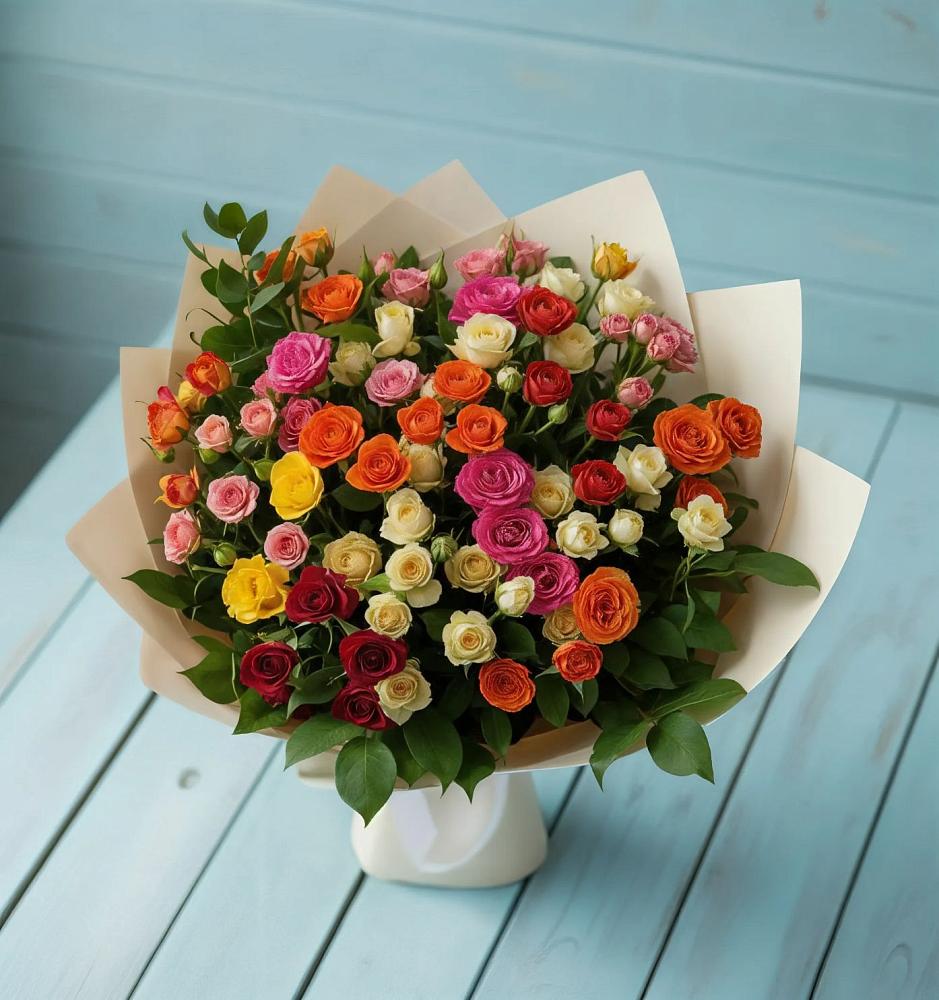 Букет Микс из разноцветных кустовых роз в Тайдаково